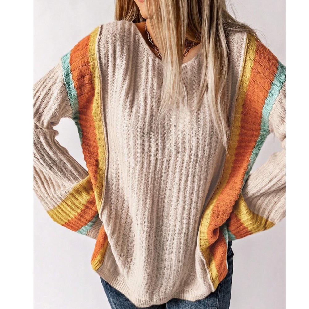03 Cozy Color Block Loose Fit Sweater Top - Picture 5 of 8